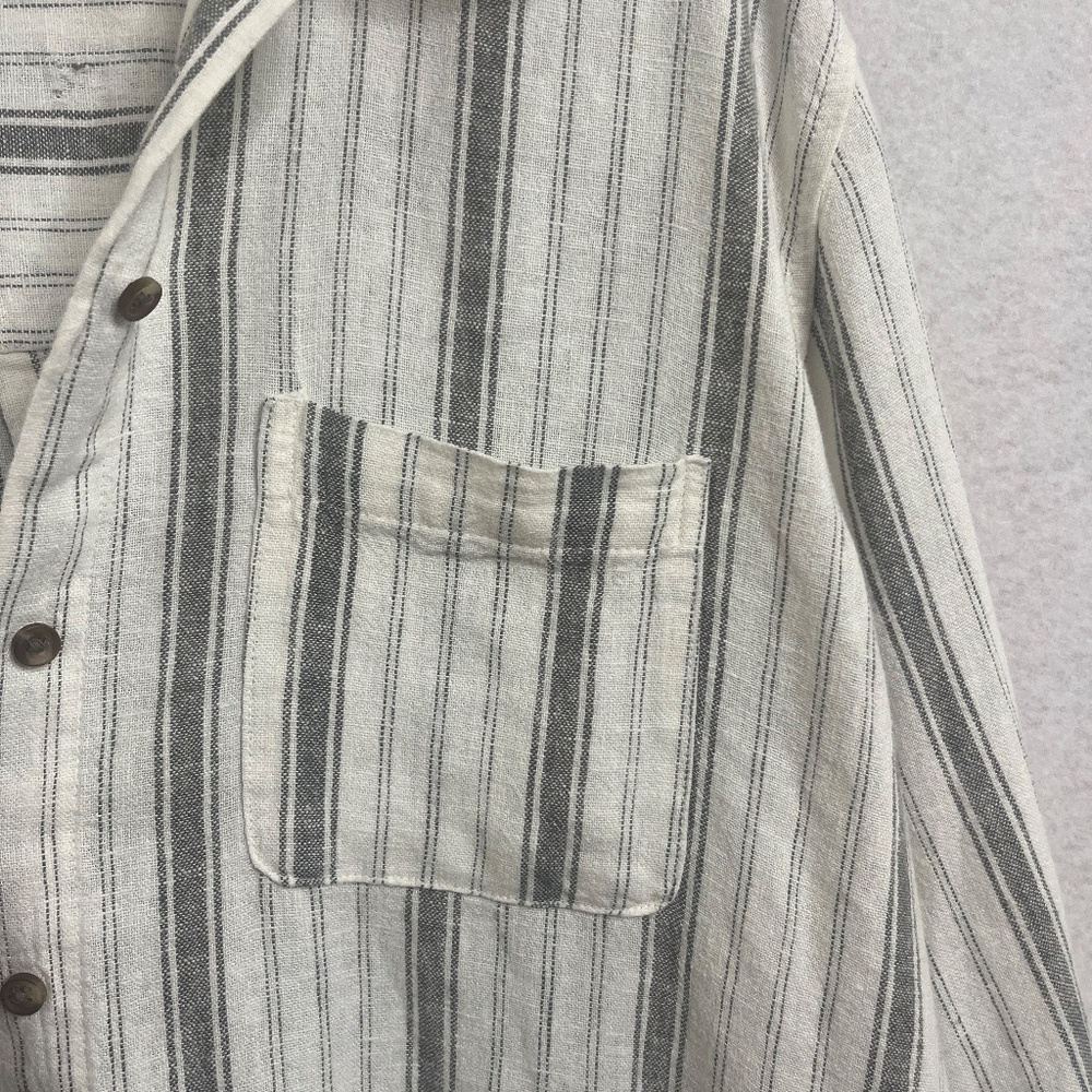 Striped Button Down Shirt Cream Gray Pocket Top - Picture 4 of 5